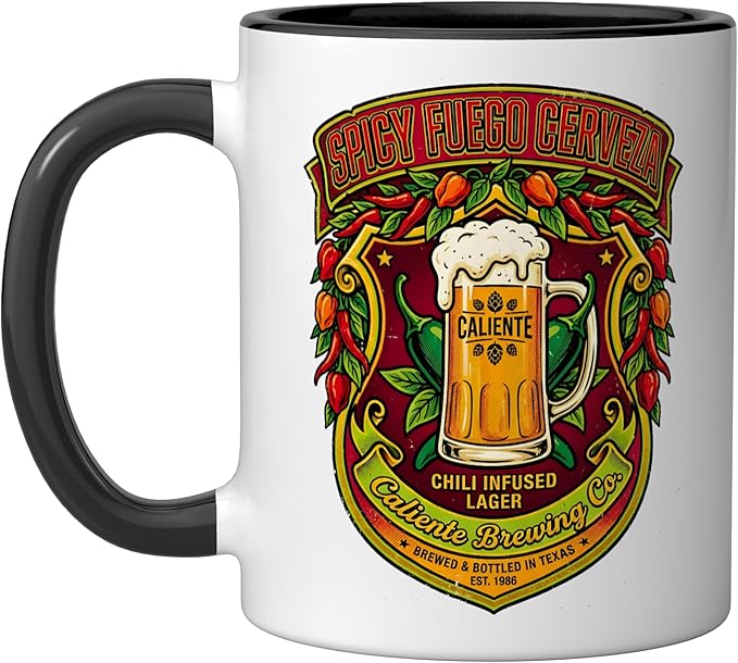 Spicy Fuego Cerveza Chili Texas Drinking Vintage Beer Label Ceramic Mug, Black/White