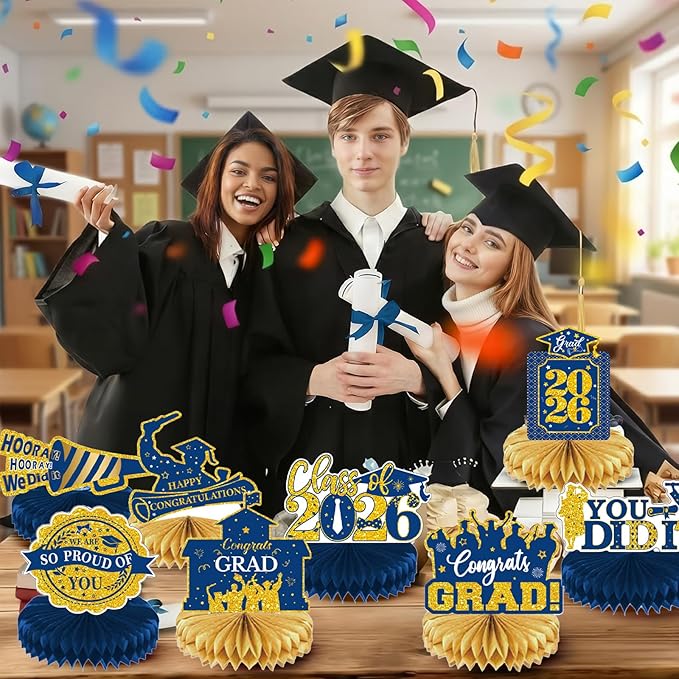 2026 Graduation Party Decorations - 8 Pcs Blue Gold Class of 2026 Graduation Party Table Decor Honeycomb Centerpieces for Tables Congratulate for 2026 Congrats Grad Party Supplies