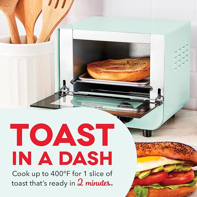 Dash Mini Toaster Oven - Sleek & Stylish - For Creative Homemade Treats - Compact, Space-Saving Design - adjustable temperature dial - Removable Baking Tray - Aqua