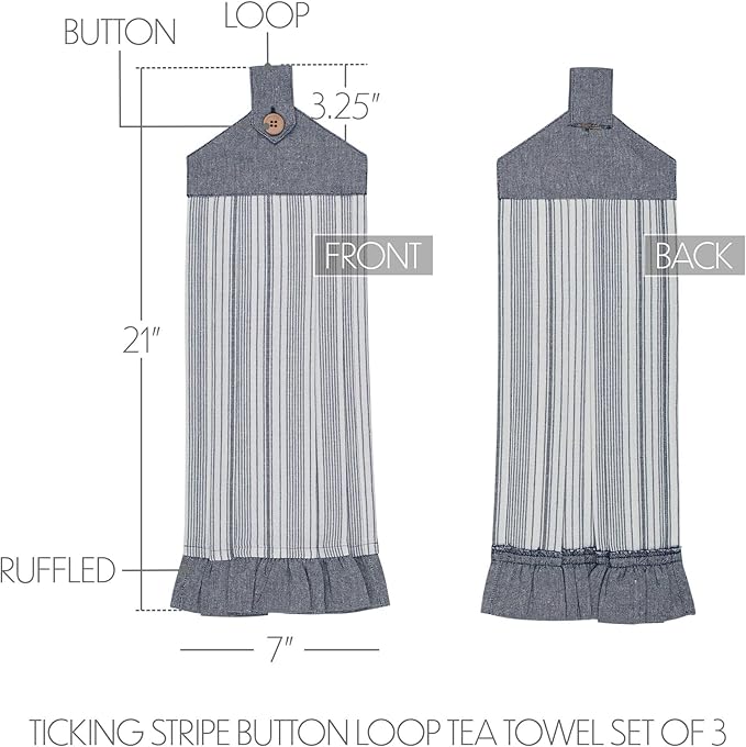 VHC Brands Cotton Sawyer Mill Blue Ticking Stripe Button Loop Kitchen Towel Set of 3, 21x7 Inches, Blue