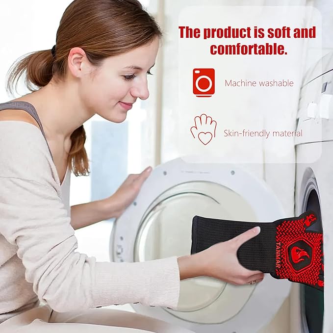 BBQ Grill Gloves, 1472°F Extreme Heat Resistant Grilling Gloves Non-Slip Oven Mitts Potholder, Perfect for Barbecue, Cooking, Baking, Fireplace, Smoker - 2 Pair (Red and Black)
