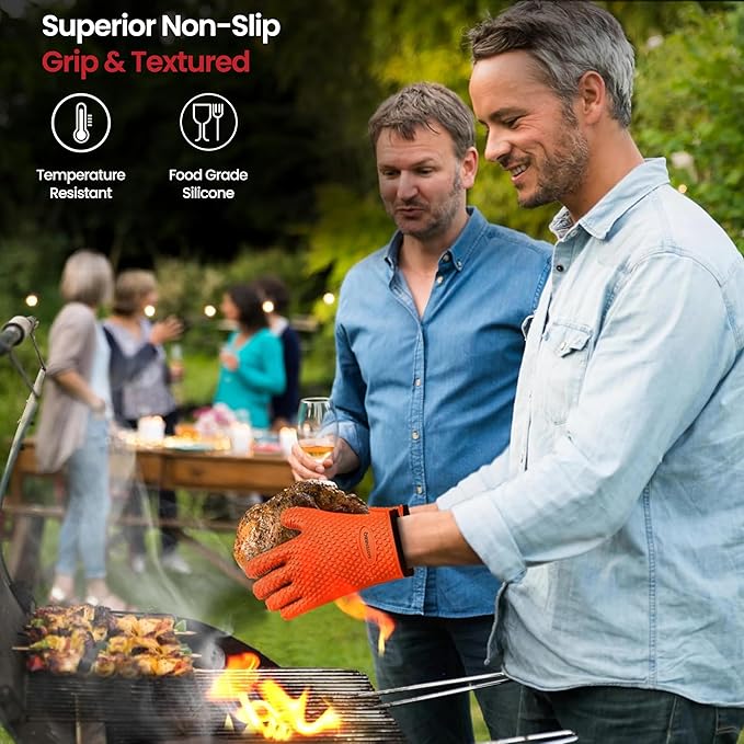 XL Silicone BBQ Gloves, Extreme Heat Resistant, Oven Gloves Perfect for Your Grill Fryer Smoker & Pit, Waterproof Baking Mitts for Cooking or Grilling, Bonus 2 Hangers