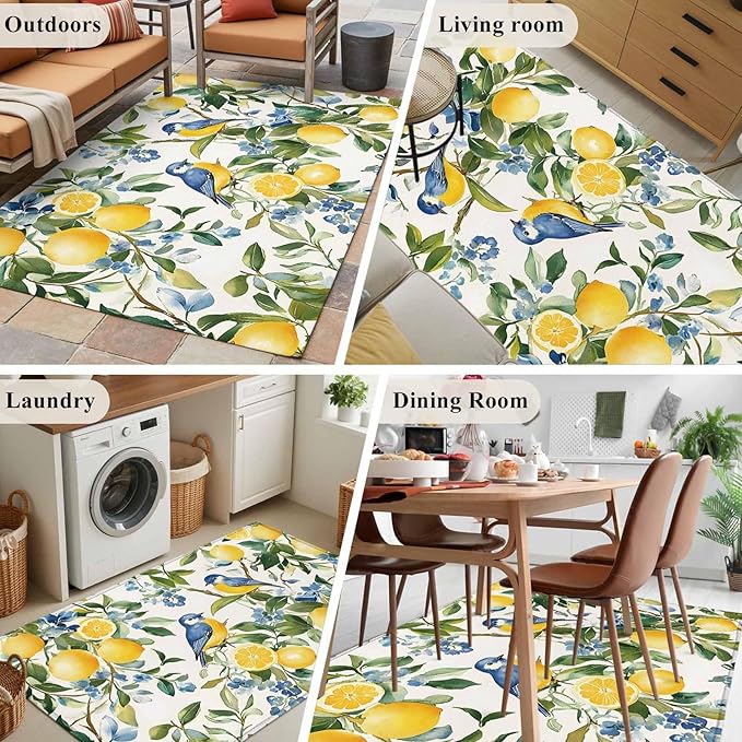 Area Rug 3x5ft, Pastoral Vintage Lemon Blue Bird Washable Rugs for Living Room Bedroom, Retro Yellow Fruit Flowers Soft Non-Slip Area Rugs Rectangle Floor Carpet for Dining Room