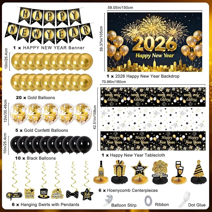New Years Eve Party Supplies 2026, Happy New Years Decorations Gold and Black, Happy New Year 2026 Backdrop Banner Tablecloth Balloons Hanging Swirls Honeycomb, 2026 Nye Party Decorations Kit