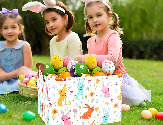 Large Rectangular Easter Baskets Empty Waterproof Boy Toy Box Foldable Kid's Gifts Storage Bin Spring Room Decor(Flower Rabbit Egg)