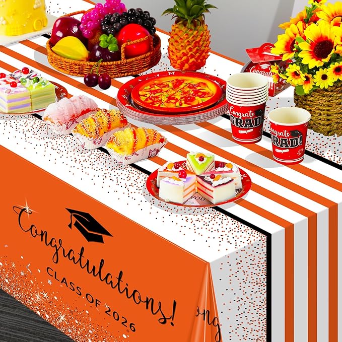 12 Pack Class of 2026 Graduation Tablecloths,Foil Dot Plastic Disposable Rectangle Table Covers for 2026 High School University College Graduation Party Decorations,108*54 Inch (Orange and Black)