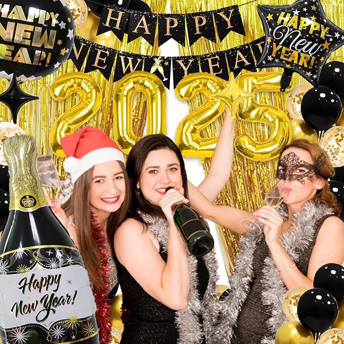 New Years Eve Party Supplies 2025, Gold and Black Balloons Supplies Set with 2025 Foil Balloon, Happy New Year Decorations 2025 Kit Latex Balloons New Year Banner Curtains Backdrop for NYE Decoration