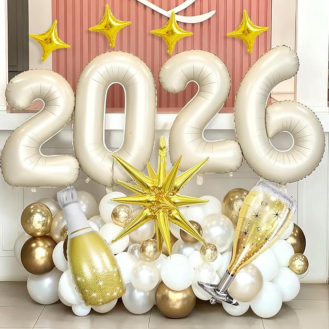 Cream White 2026 Balloons, 40 Inch Number 2026 Nude White Foil Balloons Gold Star Balloon Champagne Bottle Glass Balloon for Happy New Years Eve Party Supplies 2026 Class of 2026 Graduation Decoration