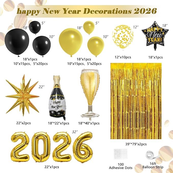 Happy New Years Decorations 2026 Eve Party Supplies with Black Gold Confetti Balloons New Year Banner Gold Fringe Curtain Backdrop for Nye Decorations