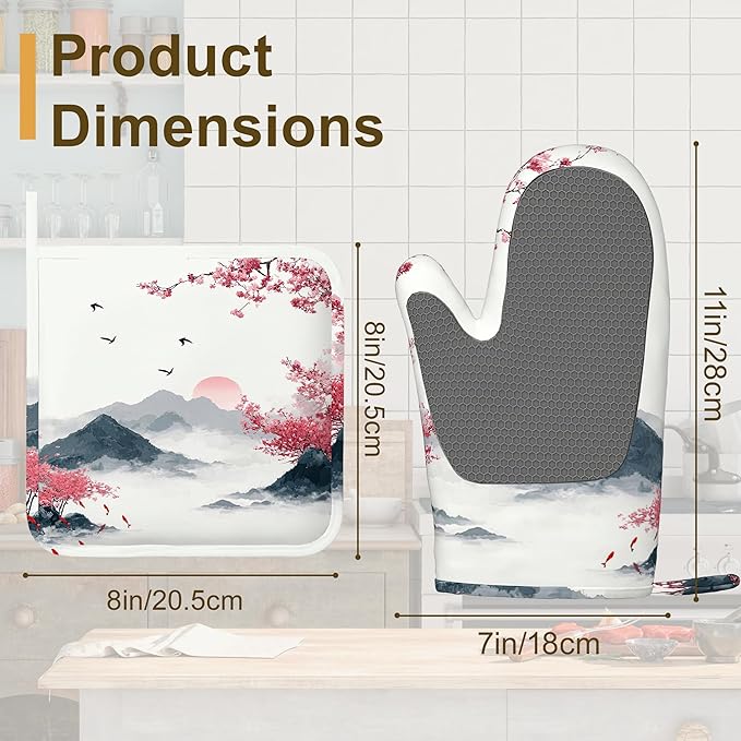 Japanese Cherry Blossom Oven Mitts and Pot Holders Sets,Silicone Fujiyama Mountain Kitchen Mitts Potholders Heat Resistant 4Pcs Oven Gloves Hot Pads for Kitchen Baking Cooking