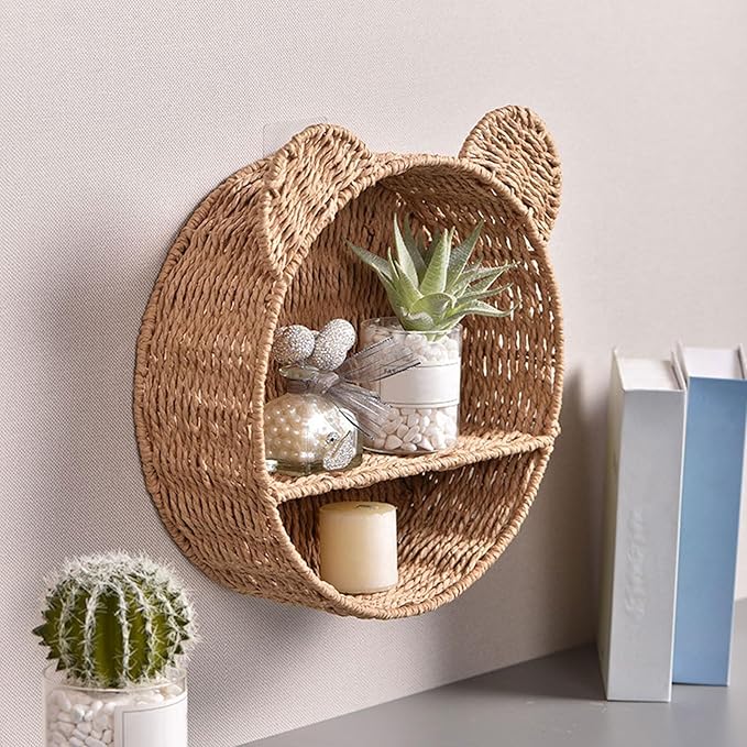 PURPLELILY Rattan Hanging Storage Basket Bear Ear Shape Wall Shelf Woven Wall Mounted Storage Rack Floating Shelves Home Decoration