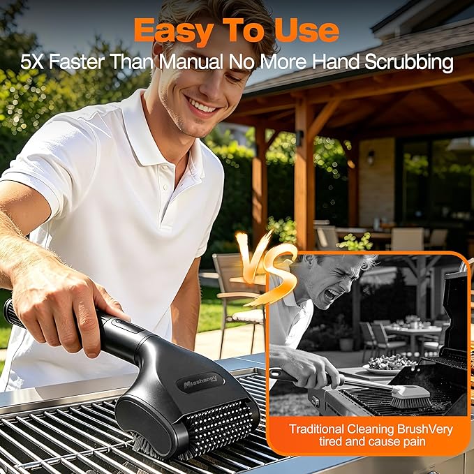 Electric Grill Brush - 4000mAh Cordless BBQ Grill Cleaner 2 Speed - 800RPM Bristle Free BBQ Grill Cleaner Tool Rechargeable with Scraper/LED Light/LED Display for Outdoor/Camping (Black)