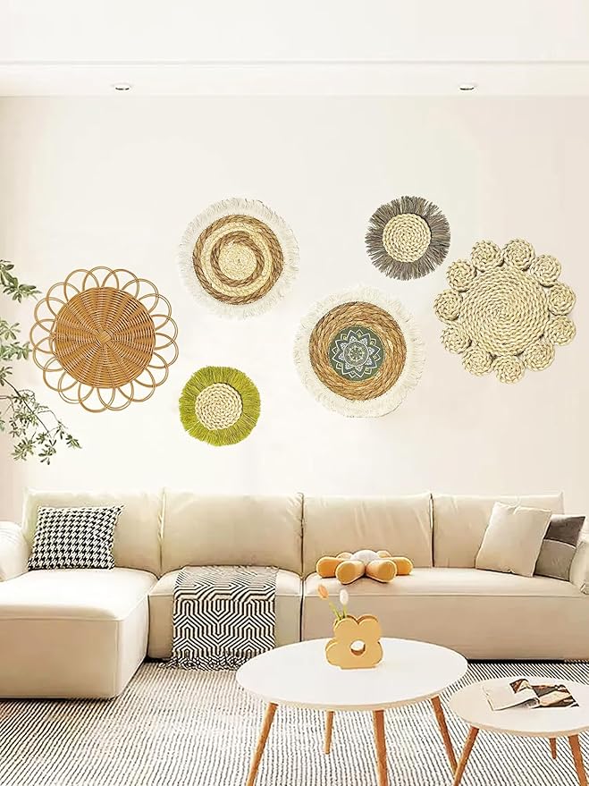 JYSHLCAH 6 Pcs Boho Wall Baskets Decor Rattan Woven Decorations Round Hanging Wall Ornaments for Home Decor