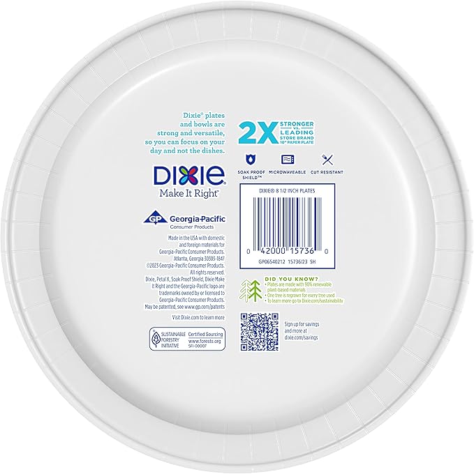 Dixie Medium Paper Plates,8.5 Inch,2X Stronger,Microwave-Safe,Soak-Proof,Cut Resistant,Disposable Plates For Everyday Breakfast,Lunch,& Dinner Meals,90 Count (Pack of 6)