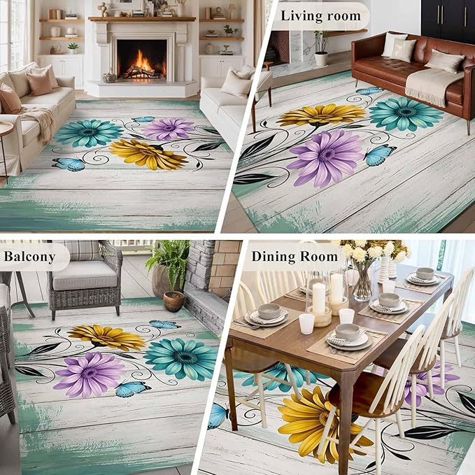 Area Rug 8x10ft, Farm Flower Daisy Retro Wood Barn Washable Rugs for Living Room Bedroom, Blossom Flower Butterfly Soft Non-Slip Area Rugs Rectangle Floor Carpet for Dining Room
