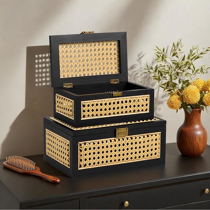 2PCS Rattan Storage Boxes Decorative Handmade Natural Wood Baskets with Lid Wooden Frame Boho Rustic Wicker Box Woven Cane Bins Shelf Closet Organizer Container (Black, 1 Large 1 Small)