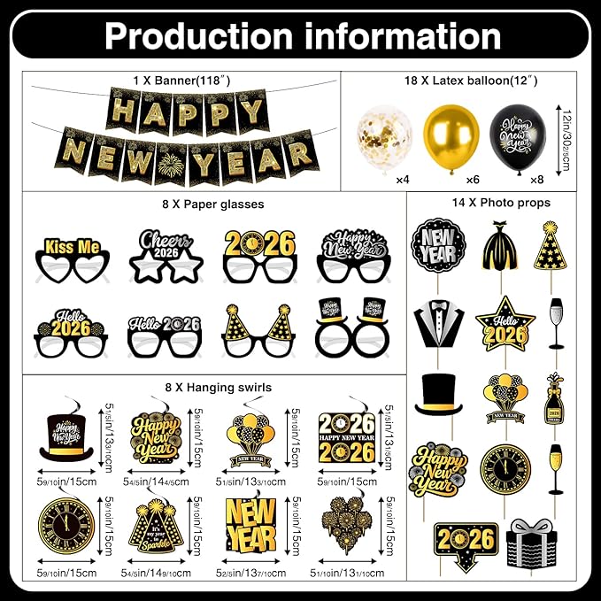 New Years Eve Party Supplies 2026, Black and Gold Happy New Year Decorations with Pre-Assembled Banner, Hanging Swirls, Balloons, Photo Booth Props and Glasses, NYE Party Decor for Home Countdown