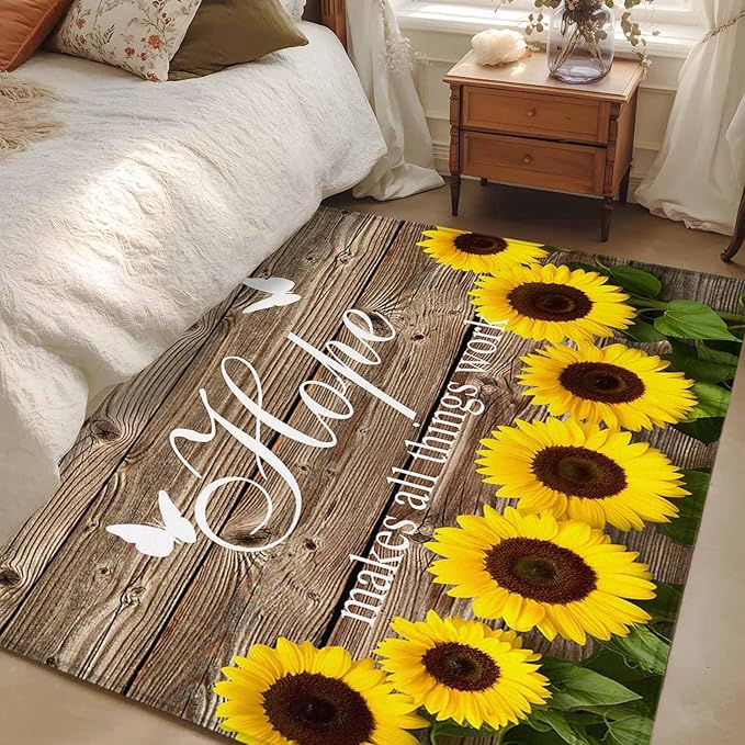 Area Rug 4x6ft, Farm Sunflower Positive Energy Quote Washable Rugs for Living Room Bedroom, Retro Dark Brown Wood Grain Soft Non-Slip Area Rugs Rectangle Floor Carpet for Dining Room
