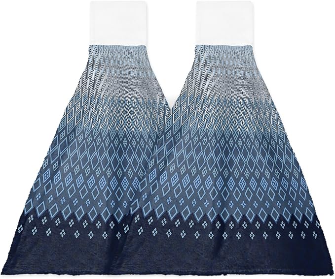 Alandar Home Kitchen Tie Towel Set of 2, Geometric Art Diamond Checker Absorbent Soft Hand Towels for Bathroom Hanging Towels, Modern Blue Ombre Gradient Fast Drying Cleaning Cloth with Loop