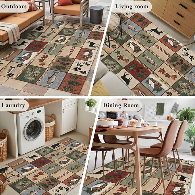 Area Rug 4x6ft, Vintage Bear Forest Deer Fish Village Washable Rugs for Living Room Bedroom, Retro Wildlife Themes Soft Non-Slip Area Rugs Rectangle Floor Carpet for Dining Room