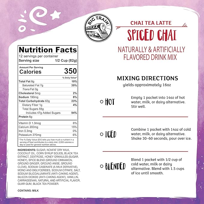 Big Train Spiced Chai Tea Latte Beverage Mix, 2.9 oz Packets (Pack of 12)