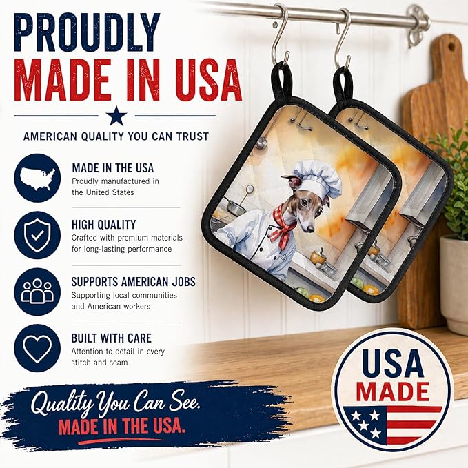 Caroline's Treasures Italian Greyhound The Chef Pair of Pot Holders Kitchen Heat Resistant Pot Holders Sets Oven Hot Pads for Cooking Baking BBQ, 7 1/2 x 7 1/2