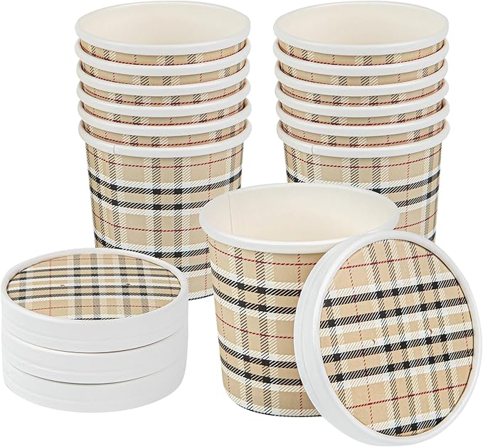 Restaurantware-LIDS ONLY: Bio Tek Soup Container Lids, 200 Disposable Bowl Lids For 12 Ounce Soup Cups - Containers Sold Separately, Vented, Plaid Print Paper Soup Container Lids, Round,