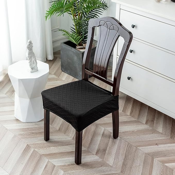 Genina Waterproof Seat Covers for Chairs,Set of 4 Dining Room Chair Seat Covers for Kitchen,Stretch Jacquard Removable Washable Dining Chair Slipcovers Protectors,No Rear Covers, Black