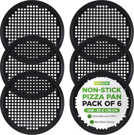 NutriChef 6-Pack13’’ Non-Stick Pizza Pans, Round Pizza Pans for Oven, Commercial-Grade Carbon Steel, Non-Stick Gray Coating, Ideal for Baking Pizza, Cookies and More, Dishwasher Safe