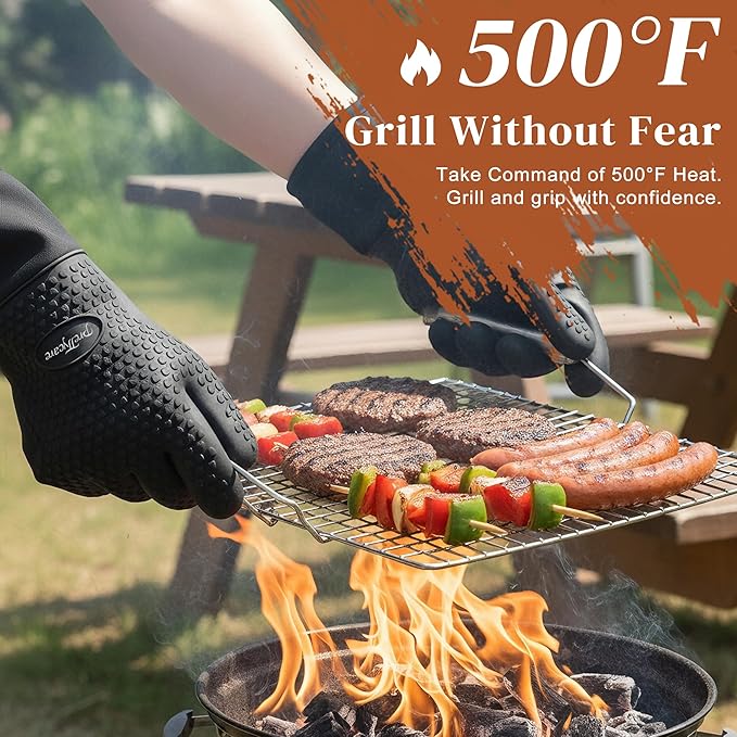 PrettyCare Extra Long 14in Silicone Oven Mitts, Waterproof & Non-Slip Oven Gloves with Fingers,Cotton Lined Silicone Oven Gloves Kitchen Mitts-Heat Resistant for Baking Cooking BBQ（Black