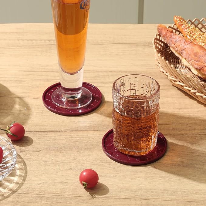Coasters Set of 6,Hot or Cold Drink Coasters with Holder,Modern Style Coffee Table Coaster,Suitable for Kinds Cups Beer,Drink,Anti-Overflow Tabletop Protection(Wine red, 6pcs)