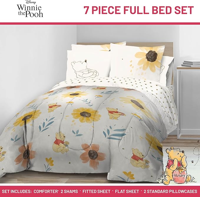 Jay Franco Disney Winnie The Pooh Full Sized Comforter Set - 7 Piece Bedding Includes Sheet Set & Pillow Covers - Super Soft Cozy Floral Bedding