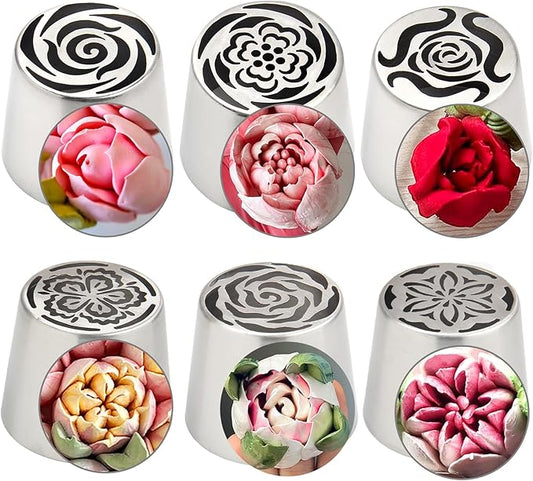 Extra Large Russian Piping Tip Set - 6 Stainless Steel Marshmallow Buttercream Framing Nozzles for 3D Roses Tulip Cake Decorations and Marshmallow Bouquets(6A)