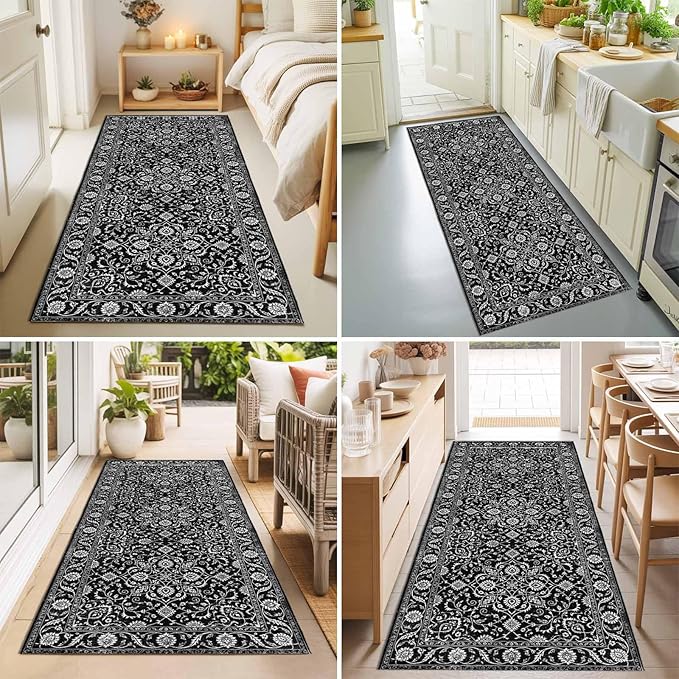 Runner Rug for Bedroom Hallway, Paisley Vintage Black Floral Kitchen Runner Rugs Area Rug 2x6ft, Classic Flower Texture Washable Soft Floor Carpet for Entryway Stair