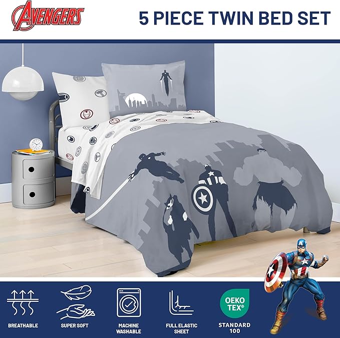 Jay Franco Marvel Avengers Twin Size Comforter Set - 5 Piece Bedding Includes Sheet Set & Pillow Covers - Super Soft Cozy Bedding with Captain America, Hulk, Iron Man and Thor