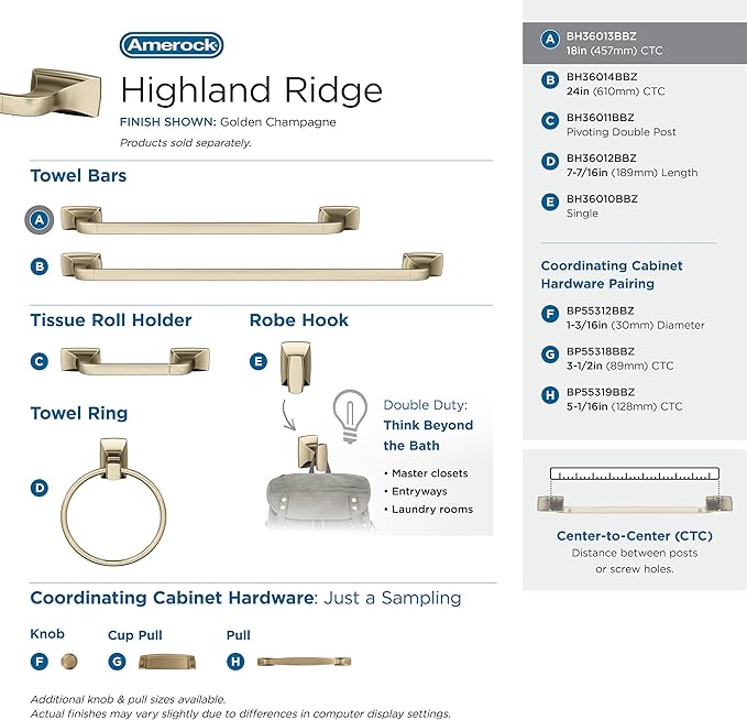 Amerock BH36013BBZ | Golden Champagne Towel Bar | 18 in (457 mm) Towel Rack | Highland Ridge | Bathroom Towel Holder | Bathroom Hardware | Bath Accessories