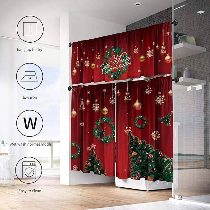 Christmas Valances Curtain Set - Red and Green Christmas Tree and Wreath Pattern, Rod Pocket 3 Panels for Kitchen Bedroom Bathroom Window Decor