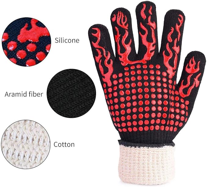 BBQ Grill Gloves, 1472°F Extreme Heat Resistant Grilling Gloves Non-Slip Oven Mitts Potholder, Perfect for Barbecue, Cooking, Baking, Fireplace, Smoker - 1 Pair (Red)