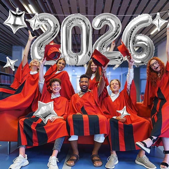 Upgraded, 42in Large 2026 Balloons Numbers, with 8pcs Star Balloon and Accessories, 3D Premium Aluminum Foil, Graduation Balloons for Graduation Decorations 2026, Grad Party Decorations, Silver
