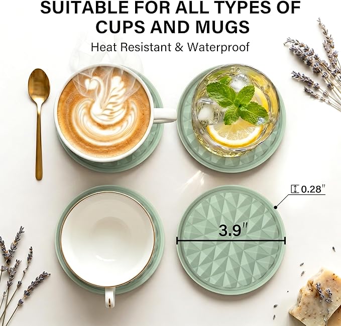 Silicone Coasters for Drinks[4 Pack]- Cup Mat for Tabletop Protection-Non-Slip, Non-Stick, Coffee Table Decor, St. Patrick’s Day Home Decor Gift, Sage Green
