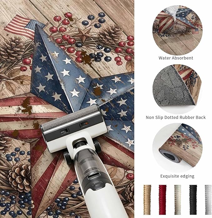 Runner Rug for Bedroom Hallway, Independence Day USA Flag Star Kitchen Runner Rugs Area Rug 2x6ft, Farm Wood Background Washable Soft Floor Carpet for Entryway Stair