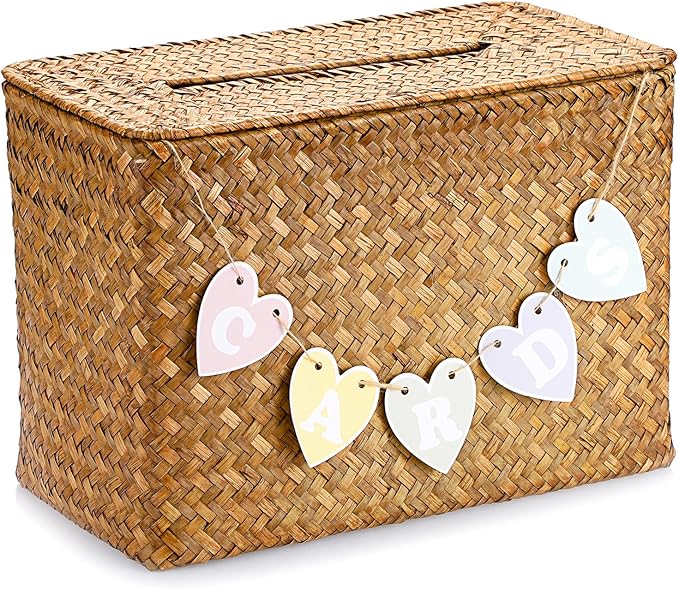 Hipiwe Handwoven Decorative Wedding Card Basket Card Receiving Box with Slot for Bridal Shower Retirement Anniversaries Decorative Card Holder, Caramel Color