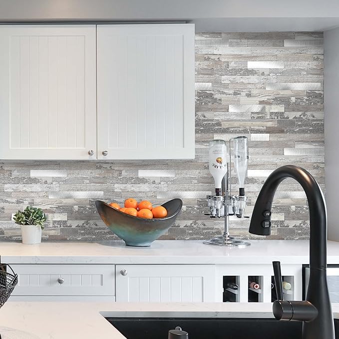 Yipscazo 2026 New Upgrade Peel and Stick Wood Metal Tile Backsplash, Stick on Tiles for Backsplash Kitchen, Bathroom (10 Sheets, Light Rustic)