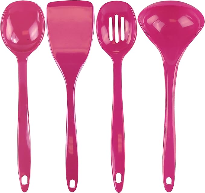 Reston Lloyd 100% Melamine Kitchen Utensil Set, Non Scratching Ladle, Spoon, Slotted Spoon & Spatula, Easy To Hold, Set of 4, Magenta