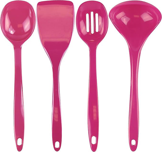 Reston Lloyd 100% Melamine Kitchen Utensil Set, Non Scratching Ladle, Spoon, Slotted Spoon & Spatula, Easy To Hold, Set of 4, Magenta