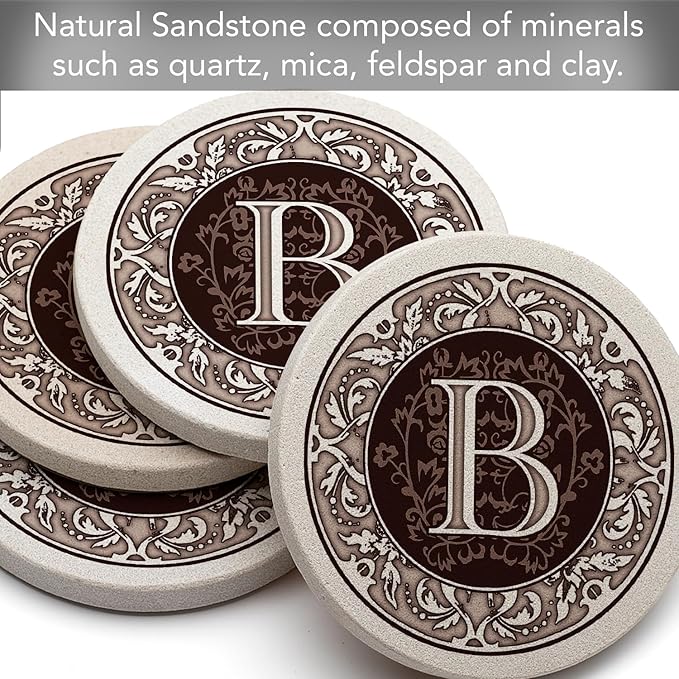 Thirstystone Monogram Letter B Absorbent Sandstone Coaster 4-Pack Made in The USA Decorative, Absorbent, Easily Wipes Clean