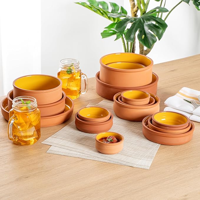 Restaurantware-Terra Tek 2.7 Ounce Terracotta Cazuelas, 2 Yellow Glazed Clay Pots For Cooking - Oven-Ready, Microwavable, Terracotta Serving Pots, Dishwashable, For Cooking And Serving