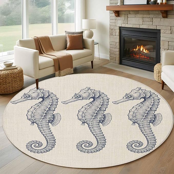 Washable Round Area Rug Marine Life Seahorse on Burlap Circle Rugs Floor Carpet for Living Room Bedroom, Farmhouse Ocean Theme Soft Non Slip Round Rug 5ft