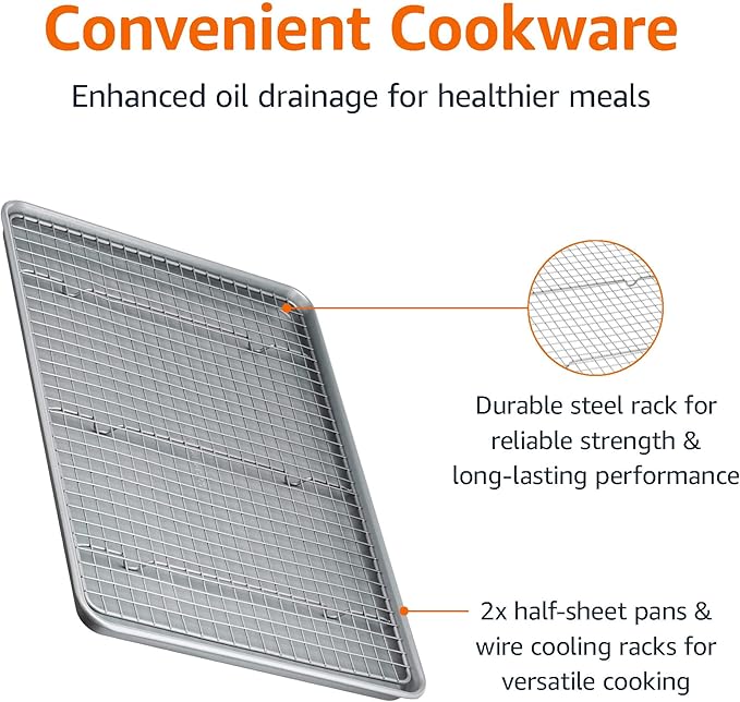 Amazon Basics Ceramic Nonstick Baking Sheets & Cooling Rack Set, Dishwasher Safe, Oven Safe, Half Sheet Size, Gray, 2-Pack