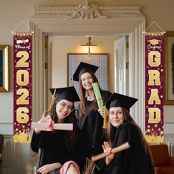2026 Graduation Party Decorations - Maroon Gold Class of 2026 Congrats Grad Porch Sign Banner Hanging Flag Graduation Party Supplies for School College Classroom Decor